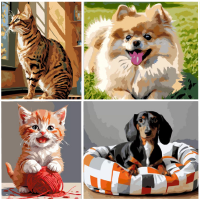 Változatos állatos számfestők, például vadállatok, házi kedvencek, kutyák, cicák, madarak és tigrisek