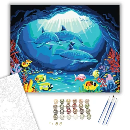 Delfinek a Barlangnál - számfestő készlet - Számfestő.hu - 40×50cm - keretre feszítve
