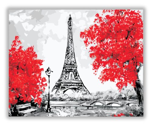 Eiffel Torony a Vörös Fák Mellett - számfestő készlet