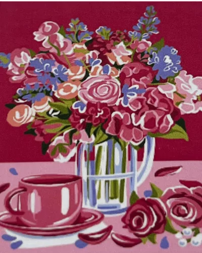 Rózsaszín teázás - előszínezett számfestő készlet (30x40cm)