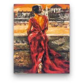   Elegáns piros ruhás nő  - előszínezett számfestő készlet (40x50cm)