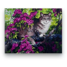   Macska a virágzó fán - előszínezett számfestő készlet (50x65cm)