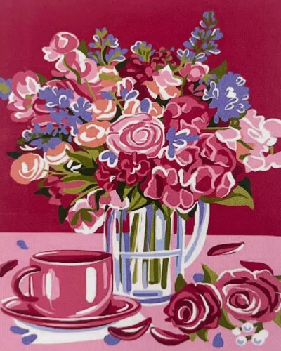 Rózsaszín teázás - előszínezett számfestő készlet (50x65cm)