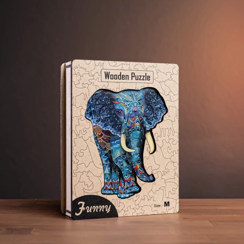 Egzotikus elefánt - egyedi mintás fa puzzle díszdobozban