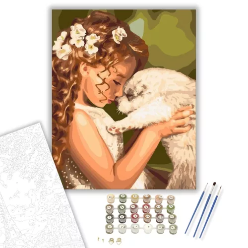 Kislány és kutya - számfestő készlet - Számfestő.hu - 40×50cm - keretre feszítve
