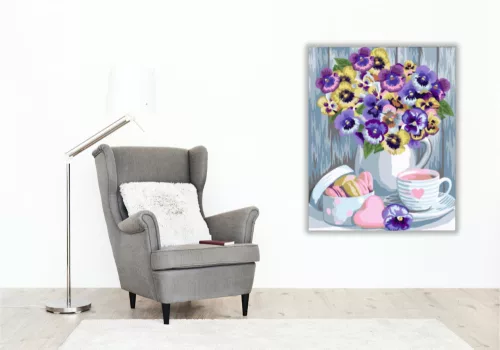 Macaron teával - számfestő készlet - Számfestő.hu - 50×60cm - keretre feszítve