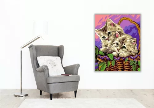 Kiscicák a kosárban - számfestő készlet - Számfestő.hu - 60×70cm - keretre feszítve