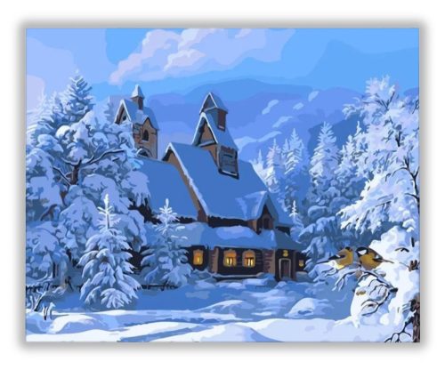 Házikó a havas tájban - számfestő készlet