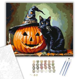 Boszorkánykalapos macska és töklámpás - számfestő készlet - Számfestő.hu - 40×50cm - keret nélkül