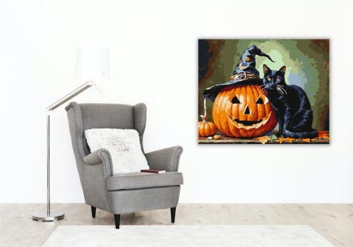 Boszorkánykalapos macska és töklámpás - számfestő készlet - Számfestő.hu - 40×50cm - keret nélkül