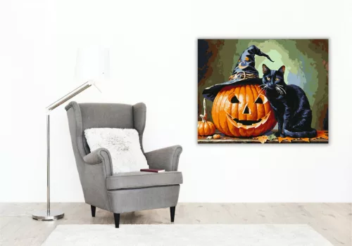 Boszorkánykalapos macska és töklámpás - számfestő készlet - Számfestő.hu - 80×100cm - keretre feszítve