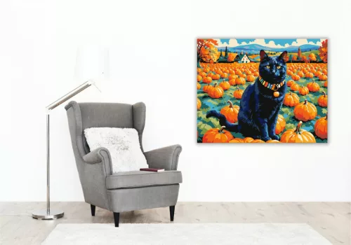 Fekete macska a tökmezőn - számfestő készlet - Számfestő.hu - 60×70cm - keret nélkül