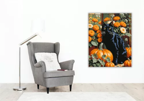 Fekete macska és tökök az őszi kertben - számfestő készlet - Számfestő.hu - 40×50cm - keret nélkül