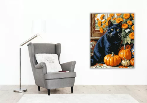 Őszi fekete macska és tökök - számfestő készlet - Számfestő.hu - 40×50cm - keret nélkül