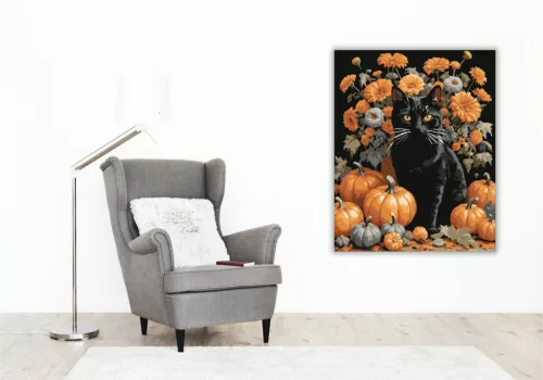 Őszi fekete macska és tökök virágok között - számfestő készlet - Számfestő.hu - 40×50cm - keret nélkül