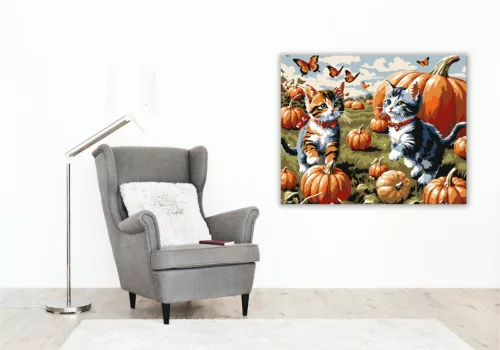 Játékos kiscicák és tökök - számfestő készlet - Számfestő.hu - 40×50cm - keretre feszítve