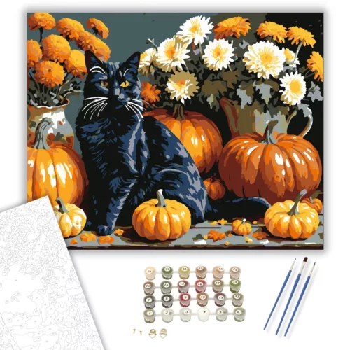 Fekete macska és őszi tökök - számfestő készlet - Számfestő.hu - 50×60cm - keretre feszítve