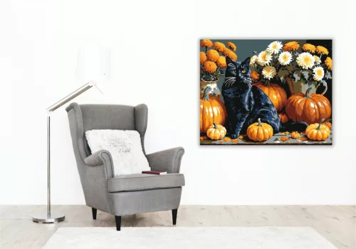 Fekete macska és őszi tökök - számfestő készlet - Számfestő.hu - 40×50cm - keretre feszítve