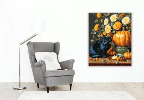 Fekete macska és őszi virágok - számfestő készlet - Számfestő.hu - 40×50cm - keret nélkül
