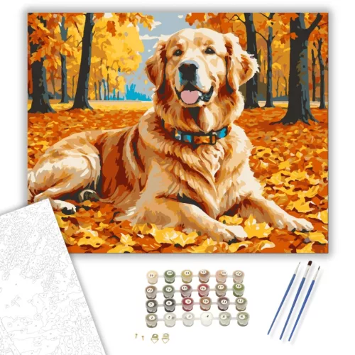 Őszi kalandok arany retrieverrel - számfestő készlet - Számfestő.hu - 80×100cm - keretre feszítve