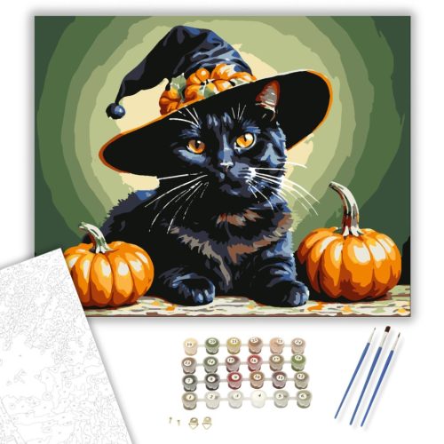 Halloweeni Macska Mágus - számfestő készlet - Számfestő.hu - 40×50cm - keret nélkül