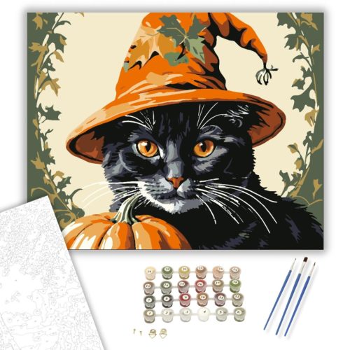 Boszorkányos Halloweeni Macska - számfestő készlet - Számfestő.hu - 40×50cm - keret nélkül