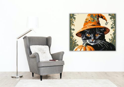 Boszorkányos Halloweeni Macska - számfestő készlet - Számfestő.hu - 40×50cm - keret nélkül