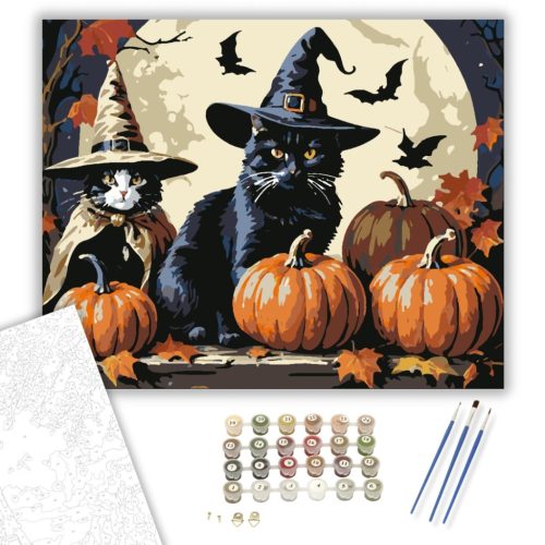 Boszorkányos Cicák - számfestő készlet - Számfestő.hu - 60×70cm - keretre feszítve