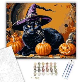 Boszorkányos Halloween Macskája - számfestő készlet - Számfestő.hu - 40×50cm - keret nélkül
