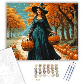 Őszi boszorkány tökökkel - számfestő készlet - Számfestő.hu - 40×50cm - keret nélkül