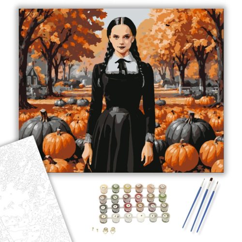 Őszi tökök és titokzatos lány - számfestő készlet - Számfestő.hu - 40×50cm - keretre feszítve