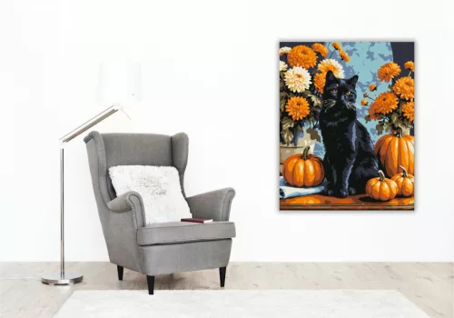 Fekete macska őszi tökök között - számfestő készlet - Számfestő.hu - 60×70cm - keretre feszítve