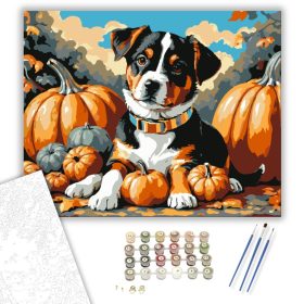 Őszi kölyökkutya tökök között - számfestő készlet - Számfestő.hu - 40×50cm - keret nélkül