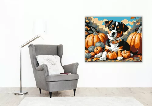 Őszi kölyökkutya tökök között - számfestő készlet - Számfestő.hu - 40×50cm - keret nélkül