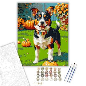 Vidám kiskutya tökökkel - számfestő készlet - Számfestő.hu - 40×50cm - keret nélkül