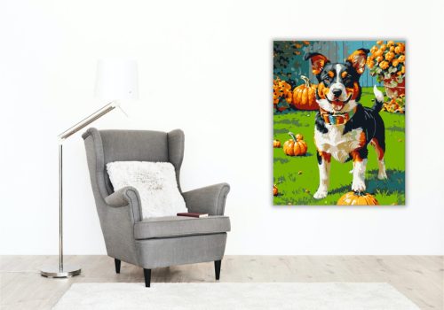 Vidám kiskutya tökökkel - számfestő készlet - Számfestő.hu - 40×50cm - keret nélkül