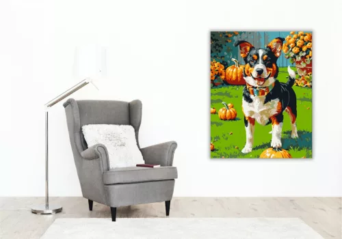 Vidám kiskutya tökökkel - számfestő készlet - Számfestő.hu - 40×50cm - keret nélkül