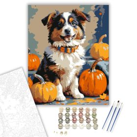 Mosolygó kiskutya tökökkel - számfestő készlet - Számfestő.hu - 40×50cm - keret nélkül