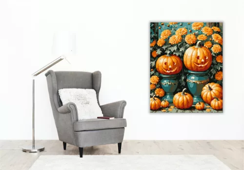 Vidám töklámpások virágokkal - számfestő készlet - Számfestő.hu - 40×50cm - keret nélkül