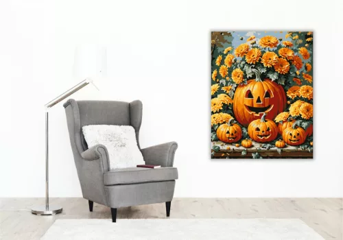 Vidám töklámpások virágokkal - számfestő készlet - Számfestő.hu - 40×50cm - keret nélkül