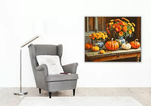 Őszi csendélet virágokkal és tökökkel - számfestő készlet - Számfestő.hu - 40×50cm - keret nélkül