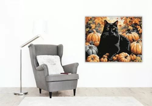 Fekete macska tökök között - számfestő készlet - Számfestő.hu - 60×70cm - keret nélkül
