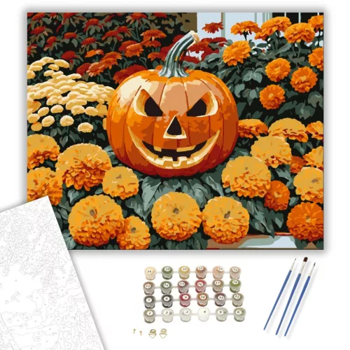 Halloween tök őszi virágokkal - számfestő készlet - Számfestő.hu - 40×50cm - keretre feszítve