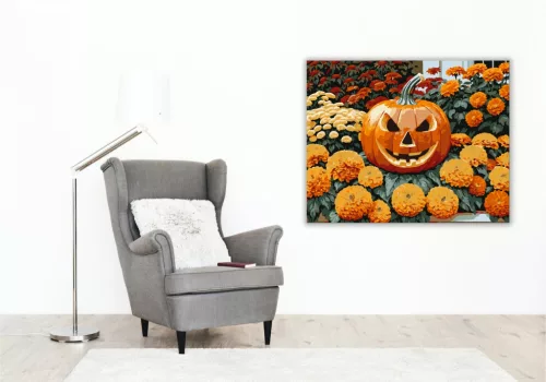 Halloween tök őszi virágokkal - számfestő készlet - Számfestő.hu - 80×100cm - keret nélkül