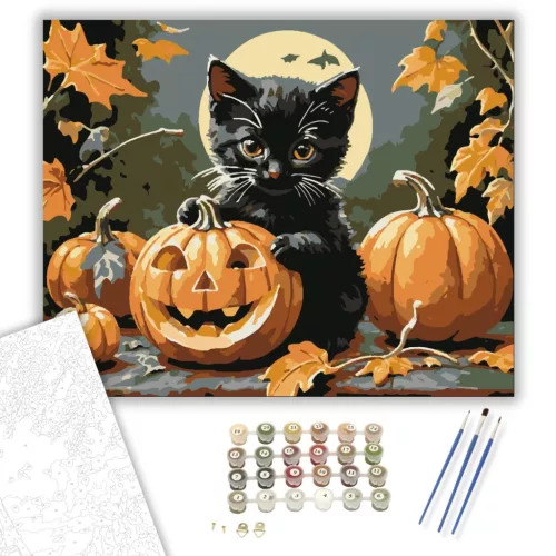 Cuki cica és Halloween tök - számfestő készlet - Számfestő.hu - 40×50cm - keretre feszítve