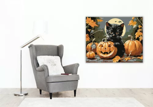 Cuki cica és Halloween tök - számfestő készlet - Számfestő.hu - 40×50cm - keretre feszítve