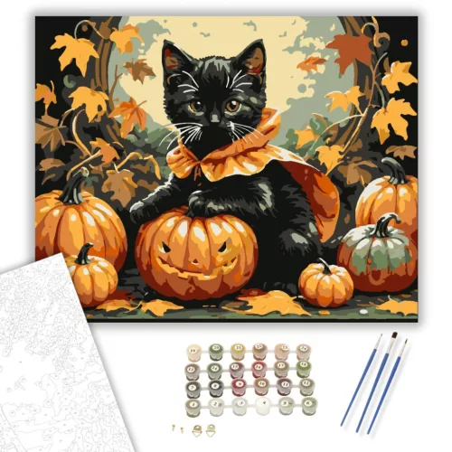Bájos cica Halloween hangulatban - számfestő készlet - Számfestő.hu - 40×50cm - keret nélkül