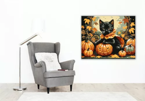 Bájos cica Halloween hangulatban - számfestő készlet - Számfestő.hu - 50×60cm - keret nélkül
