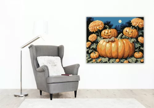 Vidám töklámpások krizantémok között - számfestő készlet - Számfestő.hu - 40×50cm - keret nélkül