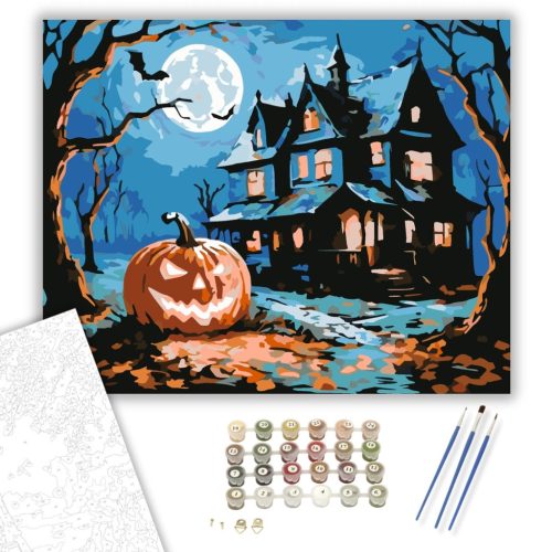 Kísértetjárta ház és faragott tök - számfestő készlet - Számfestő.hu - 60×70cm - keret nélkül